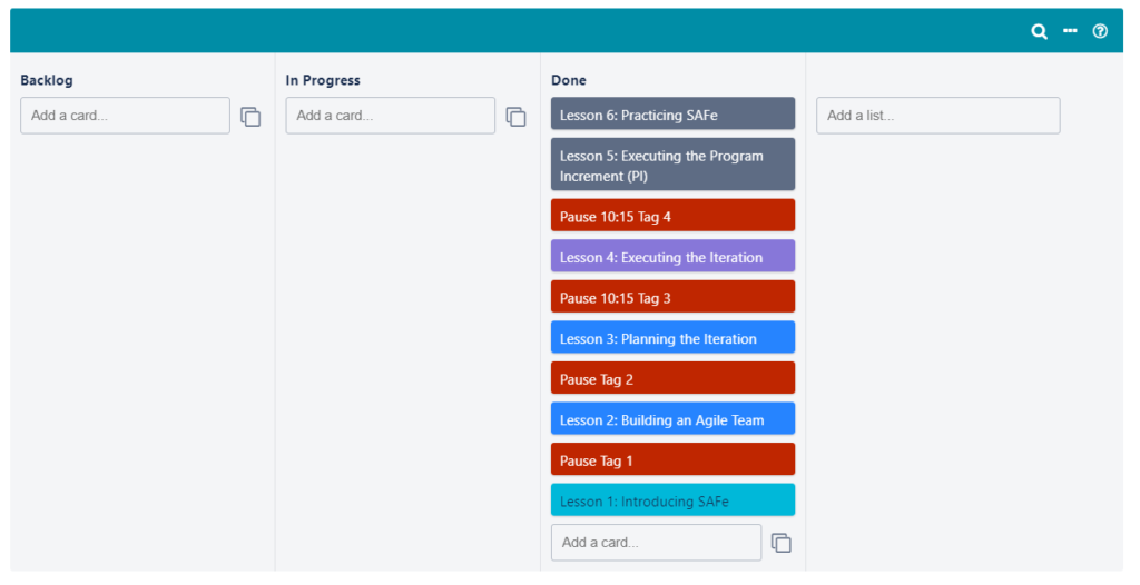 During the four training days, the progress of the tasks is recorded on a Kanban board in order to continuously track the work flow (as recommended by SAFe). 