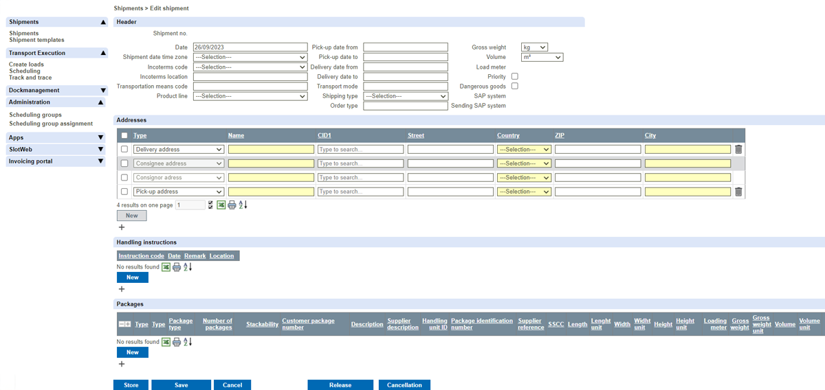 [Screenshot] Die Sendungserfassungsmaske erleichtert das Disponieren von Outbound-Transporten – sowohl im bei Ad-hoc-Einzelaufträgen wie auch klassischen Fahrten