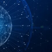 A digital sphere made of interconnected lines and nodes, with various icons dispersed throughout, symbolizes a holistic approach to network or data connectivity against a dark blue background.