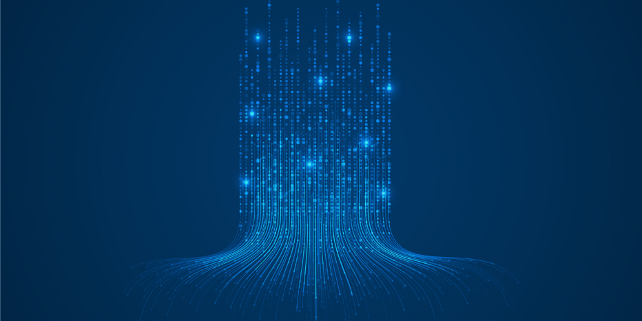 Abstract digital illustration of blue lines and glowing dots flowing downward on a dark blue background, representing data streams or information flow.