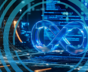 Blue infinity symbol overlaying computer code and circuit board graphics, representing technology and software development concepts.