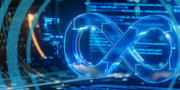 Blue infinity symbol overlaying computer code and circuit board graphics, representing technology and software development concepts.