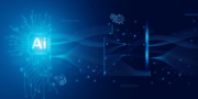 Digital illustration featuring an “AI” chip on the left connected to abstract data waves and technological icons on a blue background.