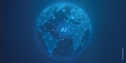 A digital rendering of Earth with interconnected lines and a central AI chip symbol, representing global artificial intelligence connectivity.