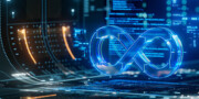 A glowing infinity symbol appears in front of a digital, futuristic background with computer code and circuit-like patterns.