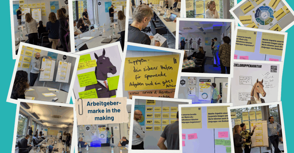 A collage of workshop scenes with people collaborating, writing on sticky notes, viewing presentations, and illustrations of animals with speech bubbles in a meeting room setting.