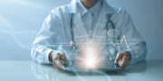 A doctor in a white coat uses a tablet with floating digital medical icons, including a heart rate, brain, and anatomical symbols, illustrating healthcare technology.