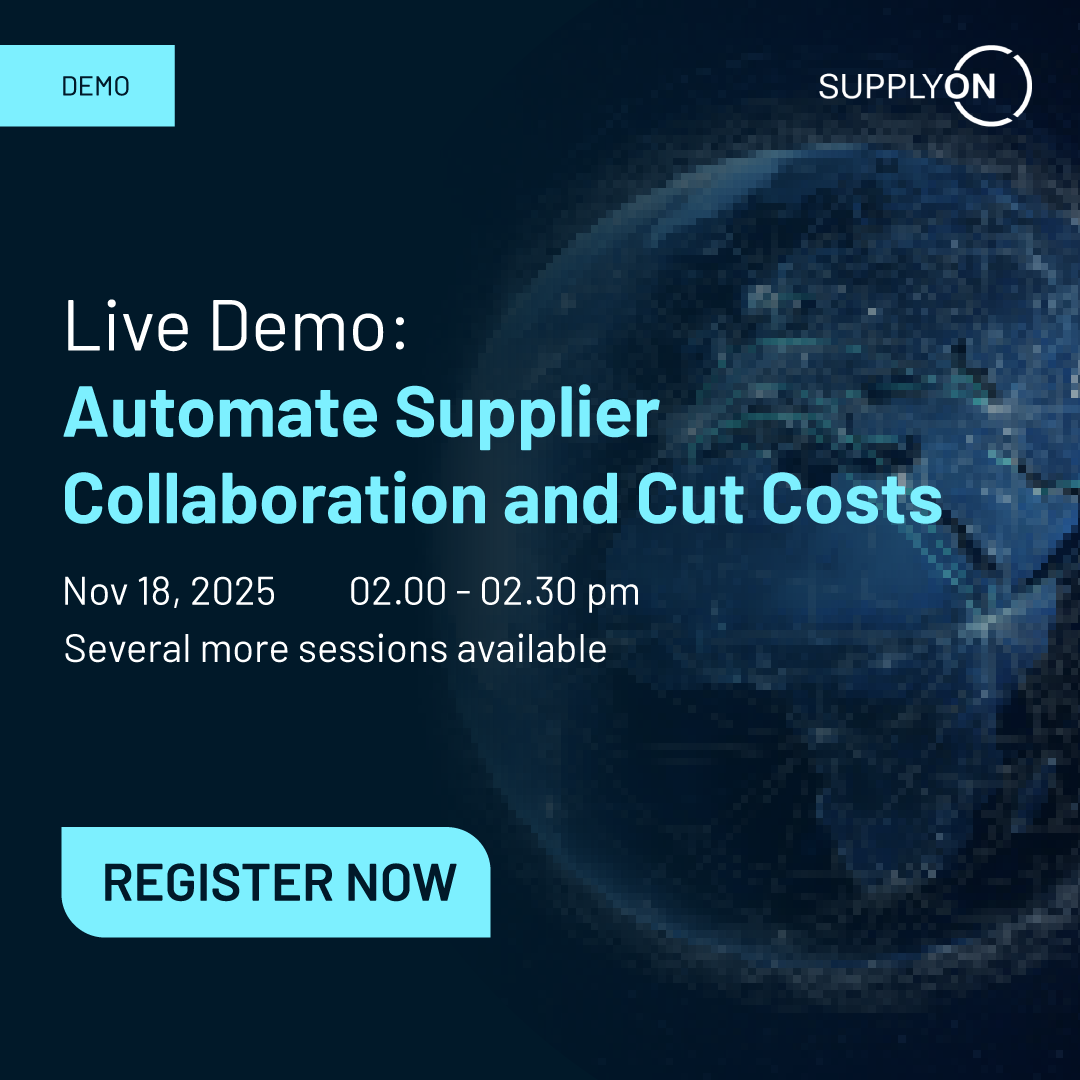 Promotional graphic for a live demo titled Automate Supplier Collaboration and Cut Costs, scheduled for Nov 18, 2025, with registration button and SupplyOn logo.