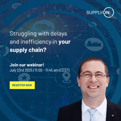 Smiling man in a suit stands before a digital SupplyOn supply chain graphic; text promotes a webinar on overcoming supply chain delays and inefficiency, scheduled for July 23, 2025.