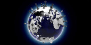 A globe with chess pieces positioned across its surface, symbolizing the strategic competition for resources around the world, on a dark background.