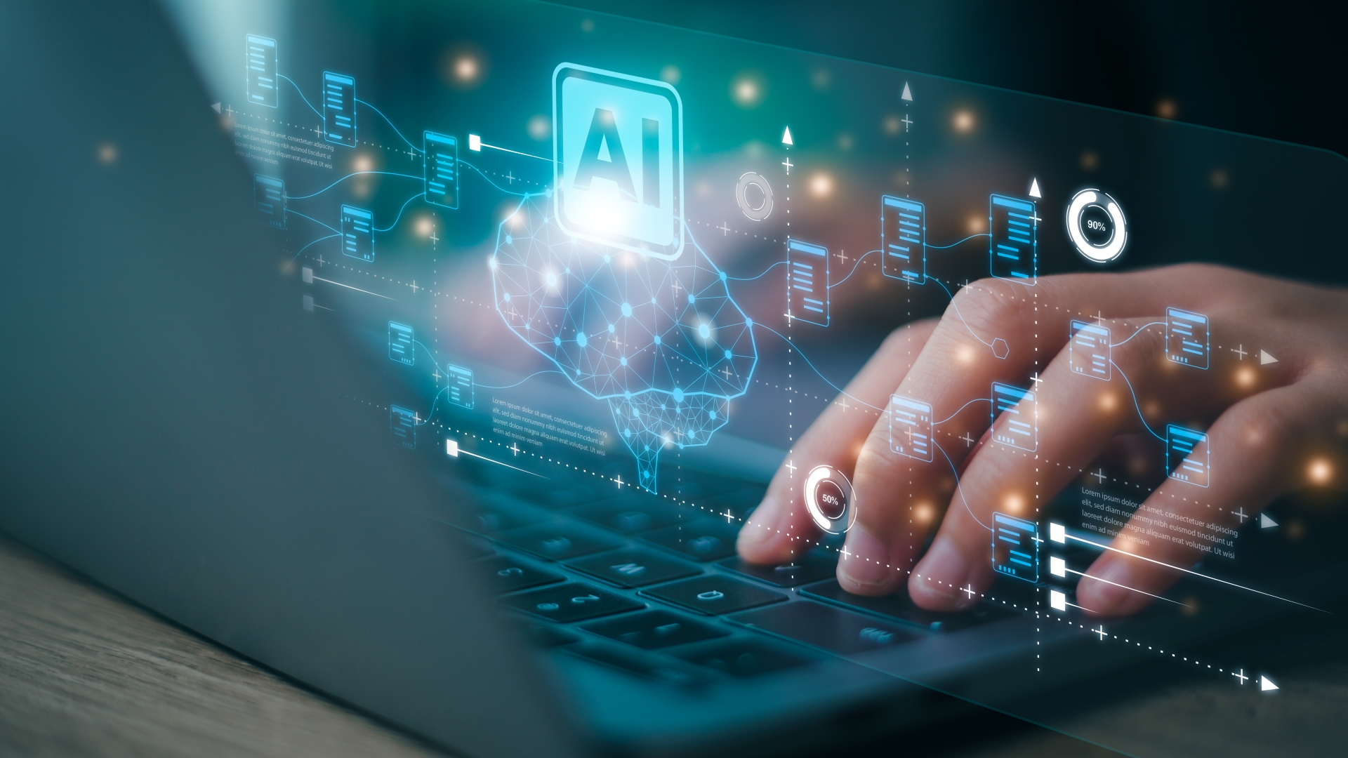 Hands typing on a laptop keyboard with a digital overlay of a brain, AI icon, and flowcharts representing artificial intelligence and technology concepts.