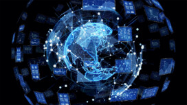 Digital illustration of a globe surrounded by floating data screens and network lines, representing global connectivity and information exchange.