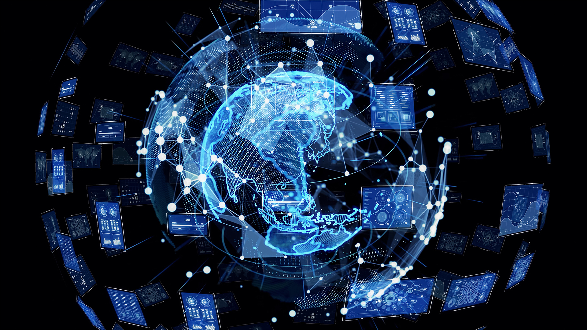 Digital illustration of a globe surrounded by floating data screens and network lines, representing global connectivity and information exchange.