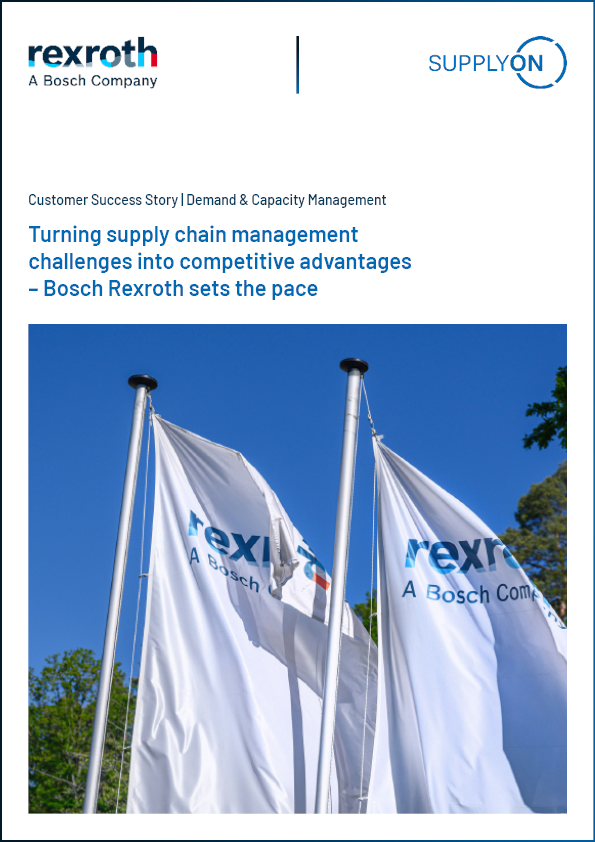 Three white flags with the Rexroth logo on flagpoles against a clear blue sky, featured on a document about supply chain management by Bosch Rexroth and SupplyOn.