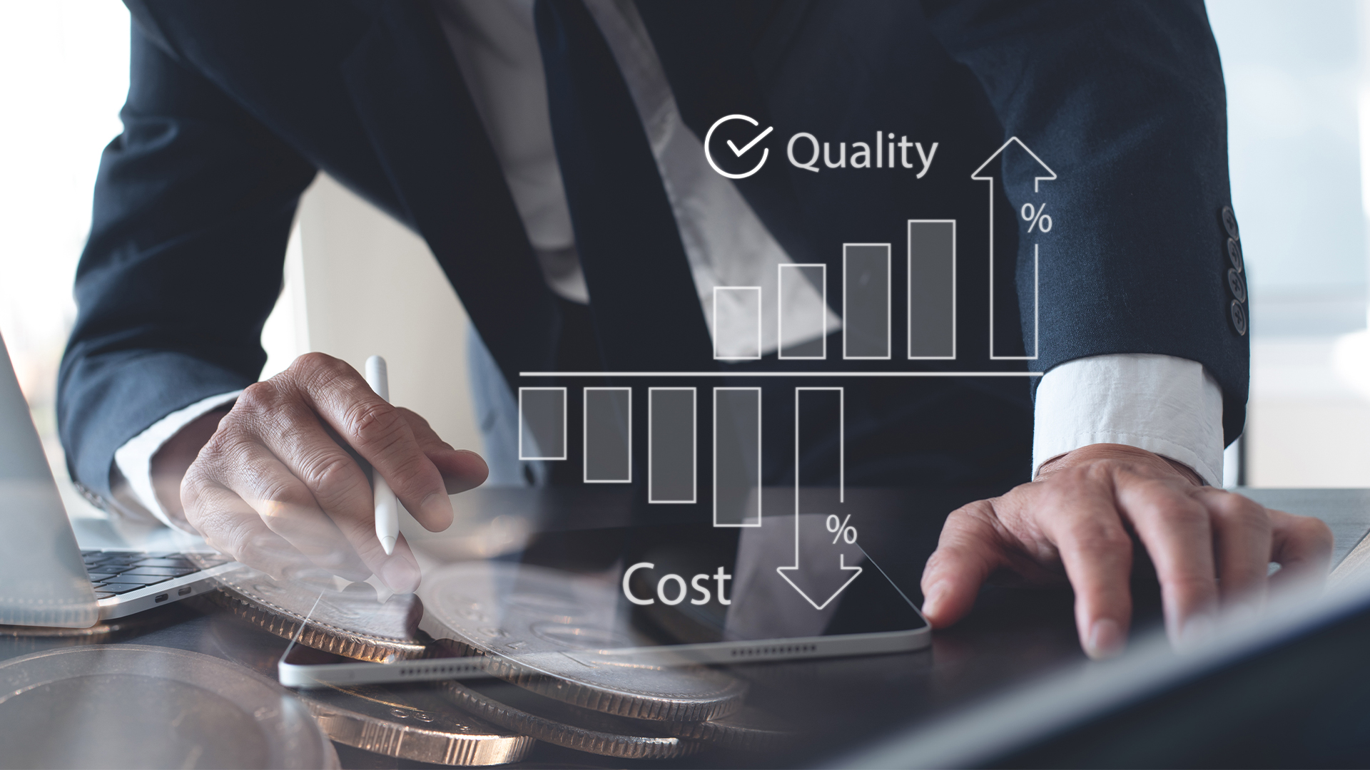 A person in business attire examines documents at a desk; overlaid graphics show quality increasing and cost decreasing with bar charts and percentage symbols.