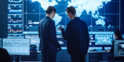 Two professionals discuss information on a tablet in a control room with multiple monitors and a large world map display in the background.