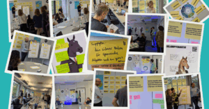 Collage of people in a workshop setting, discussing, writing on sticky notes, and engaging with posters and charts on the walls. Illustrations of animals and flipcharts are visible.