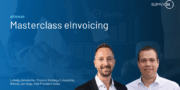 Two men in business attire are in the foreground of a promotional graphic for a Masterclass eInvoicing webinar, with business icons and the SupplyOn logo in the background.