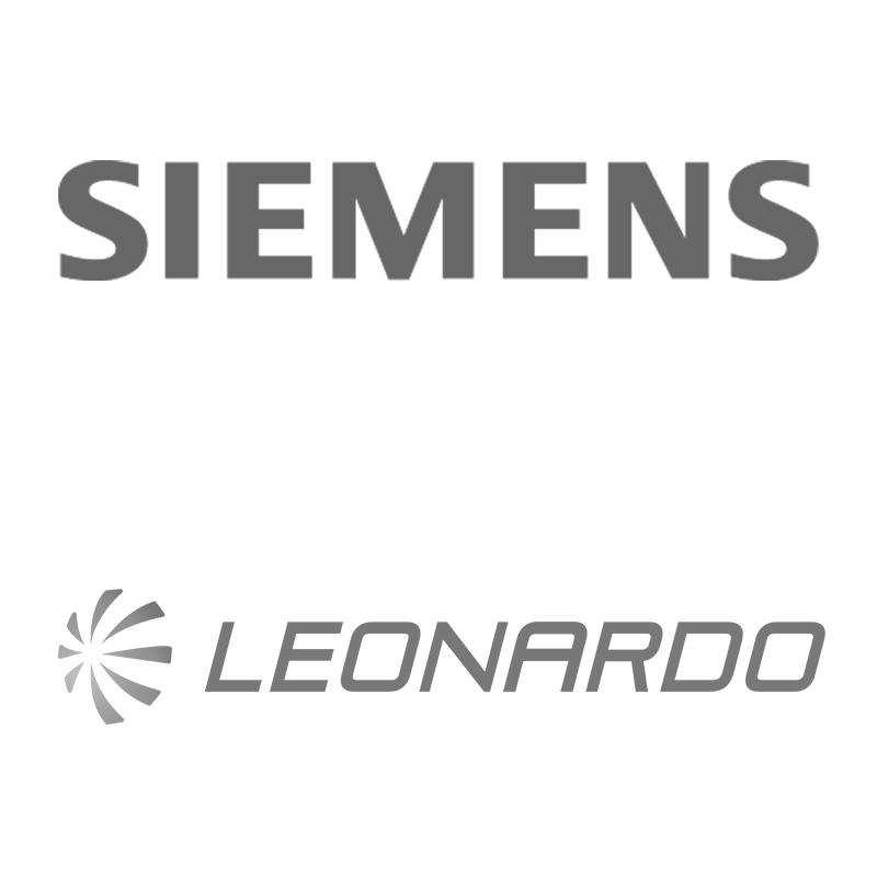 The image displays the Siemens logo above the Leonardo logo, both in gray text on a white background.