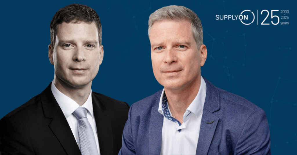 Two men in business attire pose in front of a blue background with the SupplyOn logo and 25 years text.