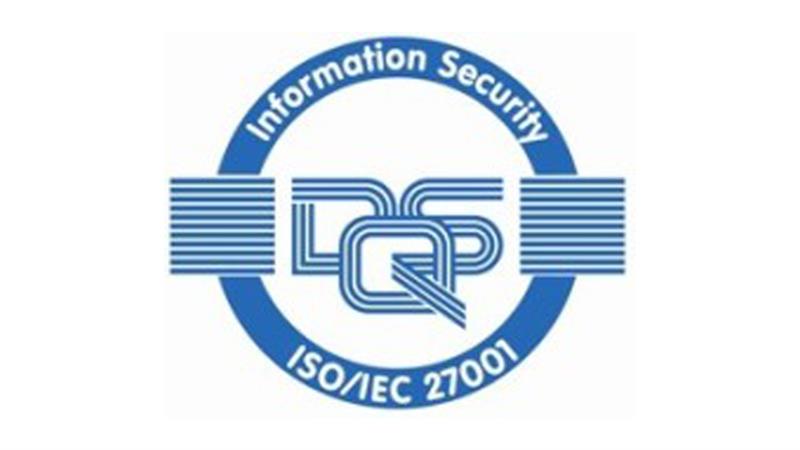 Blue and white logo displaying Information Security ISO/IEC 27001 in a circle around a central overlapping letters design.