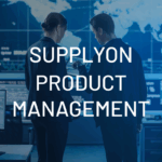 Two people in business attire stand in front of a large digital world map, with the text SUPPL YON PRODUCT MANAGEMENT overlaid on the image.