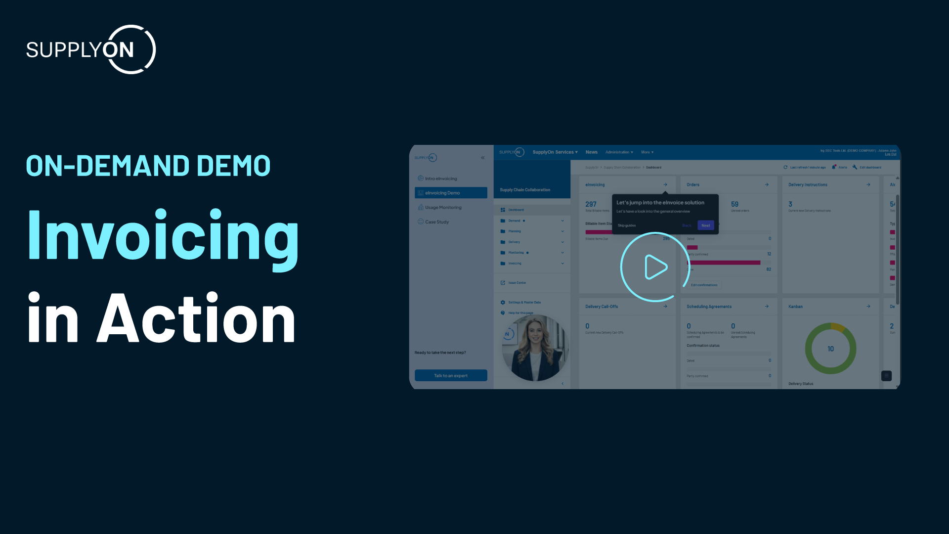 A screenshot promoting an on-demand demo video called Invoicing in Action by SupplyOn, featuring a play button on a software dashboard interface.