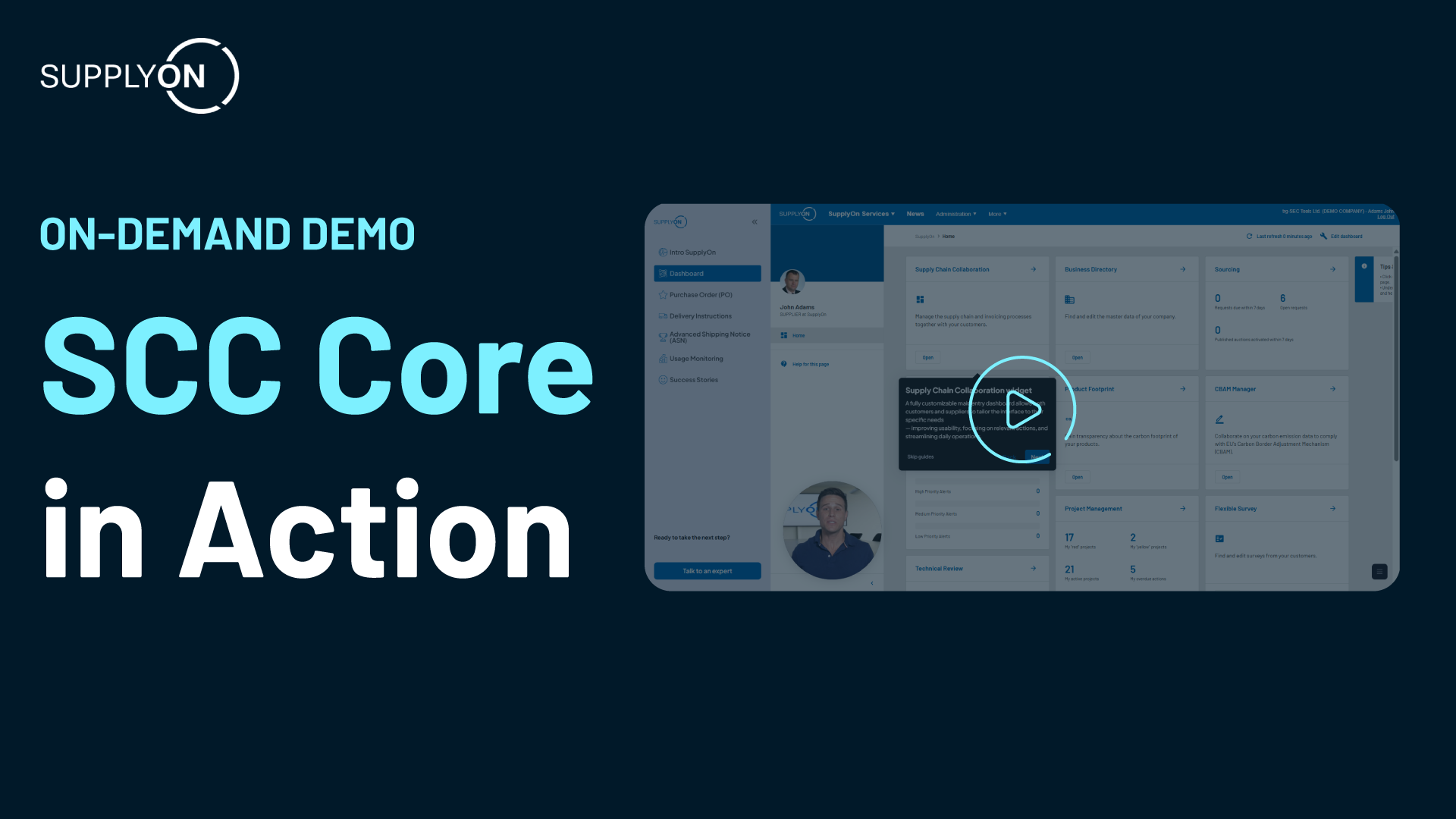 Screenshot promoting an on-demand demo titled SCC Core in Action by SupplyOn, featuring a user interface with various dashboard elements.