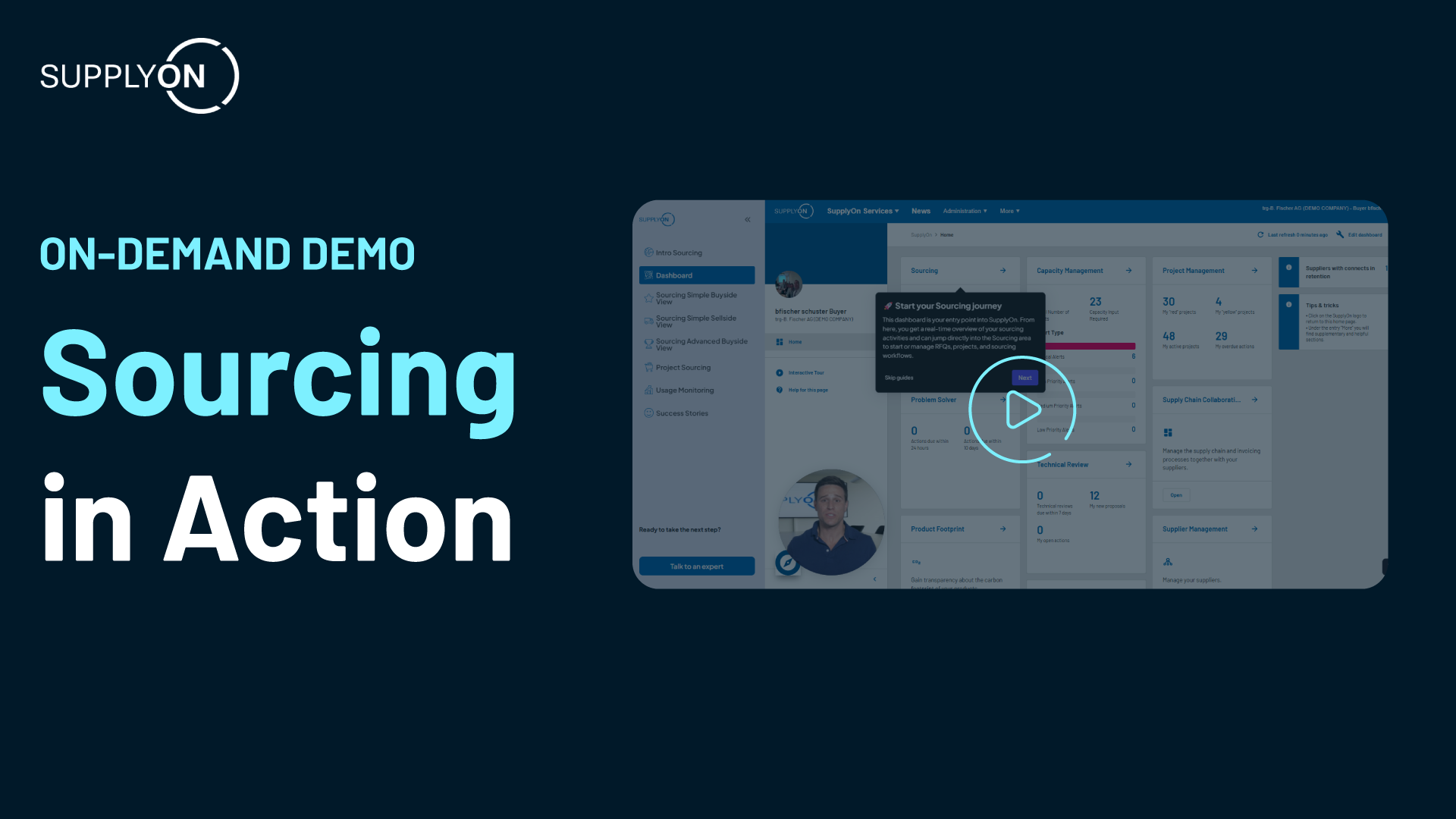 On-demand demo promotion for SupplyOn showcasing a sourcing platform interface with a play button overlay.