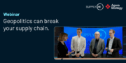 Four people stand and talk during a webinar titled Geopolitics can break your supply chain, hosted by SupplyOn and Agora Strategy.
