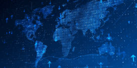 Digital world map with data points, arrows, and charts overlaid, illustrating global data analysis or technological trends on a blue background.