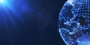 Digital illustration of a globe with interconnected blue lines and points, representing global communication and technology, on a dark blue background with light flare.