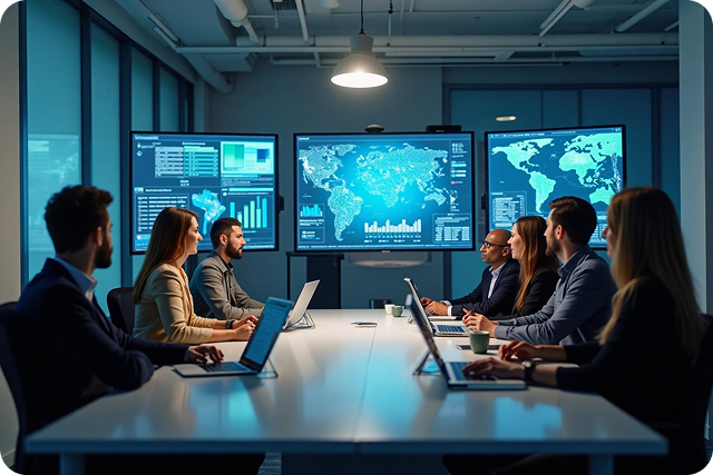 A group of people in business attire sit around a conference table with laptops, viewing world maps and data charts on large screens in a modern office.
