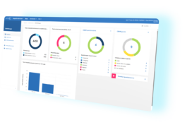 A computer screen displays a dashboard with charts, graphs, and statistics related to CSAM questionnaires and goals in a blue and white interface.