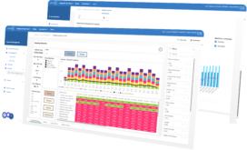A screenshot of a capacity simulation dashboard showing a colourful stacked bar chart, data table with red and green cells, and various filters and options in a software interface.