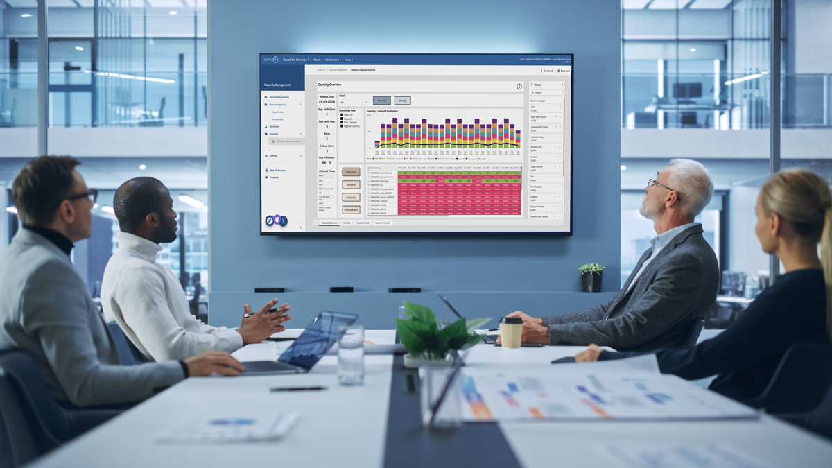 Four people in a modern conference room look at a large screen displaying a colourful data dashboard with charts and tables.