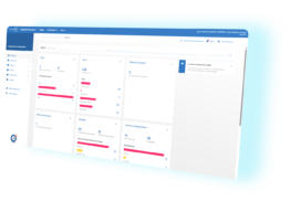 A computer screen displaying a dashboard interface with charts, alerts, delivery forecasts, and data panels in a blue and white colour scheme.