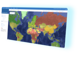 A digital world map on a computer screen displays countries in different colours, likely indicating varying risk or compliance levels.
