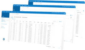 Screenshot of a software dashboard showing multiple overlapping windows with tables, navigation menus, and tabs related to invoicing and shipment orders.