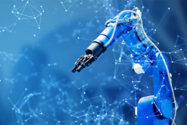 A blue robotic arm is extended against a digital background with interconnected network lines and nodes, symbolising advanced technology and automation.