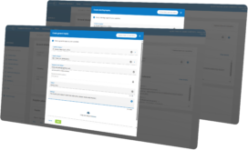 A web interface with overlapping pop-up windows displays form fields for creating a general enquiry, including customer, reference, and file upload options.