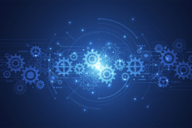 Abstract illustration of interconnected blue gears and circuit lines on a dark blue background, representing technology and mechanical processes.