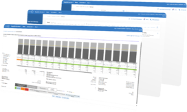 Three overlapping screenshots of a financial software interface displaying charts, data tables, and navigation menus in a blue and white colour scheme.