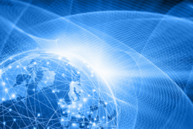 Digital illustration of Earth with interconnected lines and glowing blue networks, symbolising global communication and technology.