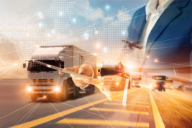 A composite image of lorries on a motorway, a person using a tablet, and digital network graphics, representing logistics and supply chain management.