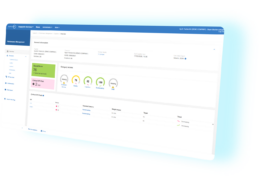 A digital dashboard displays performance management metrics, including overall score, category scores, and a table summarising assessment details.