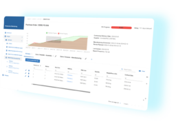 A digital dashboard displays a purchase order status with a progress chart, dates, delay warning, and a detailed table of related order information.