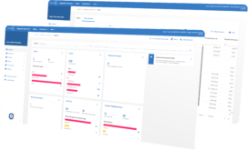 Screenshot of a web-based dashboard displaying various supply chain KPIs, including alerts, delivery forecasts, instructions, and shipping notices, with navigation menus at the top and sides.