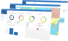 Screenshot of a web dashboard showing charts, graphs, and maps related to data analysis, including pie charts, bar graphs, statistics, and world maps.