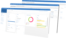 Three angled screenshots display a blue-and-white web dashboard with navigation menus, summary widgets, and a circular progress chart in the centre.